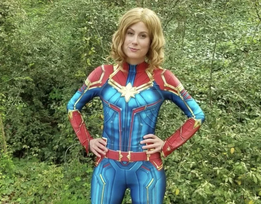 Captain Marvel-inspired cosmic superhero character entertainer for kids parties